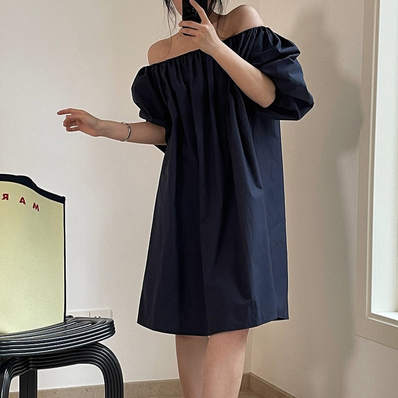 jinran Summer women's casual solid color puff sleeve loose dress