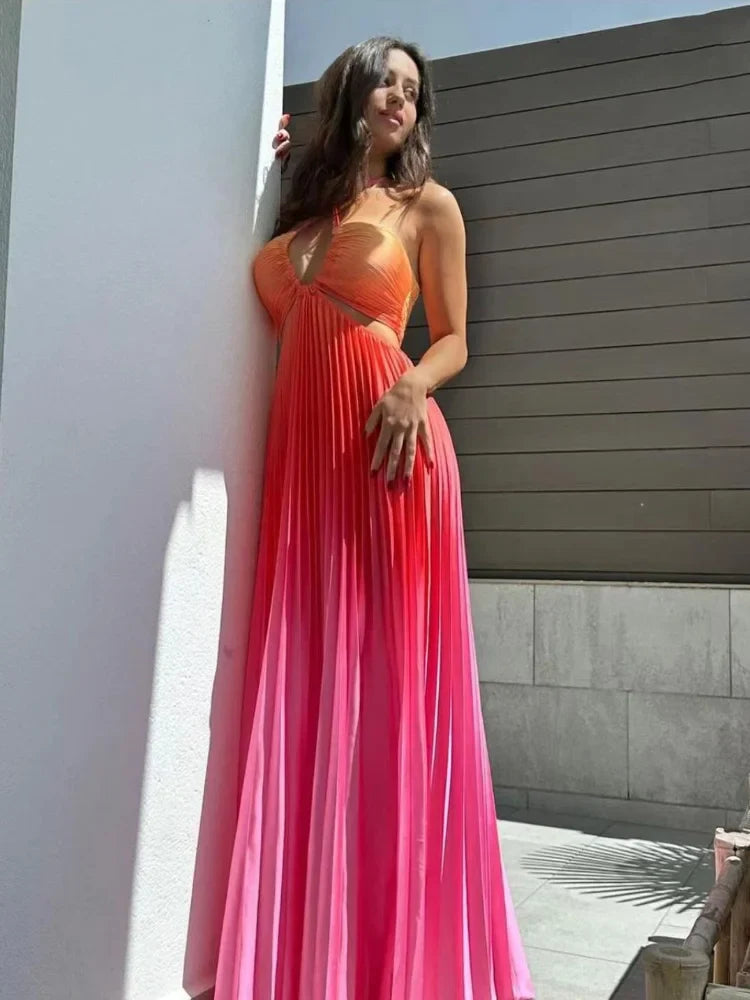 jinran New Summer Gradient Halter Pleated Long Dress Sexy Off Shoulder Backless Wrap Chest Sundress Women's Beach Vacation Dress