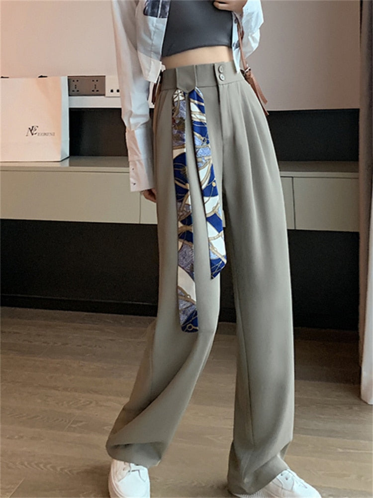 jinran White High Waisted Pants for Women Spring New Korean Fashion Button Up Wide Leg Pants Office Ladies Casual Pants