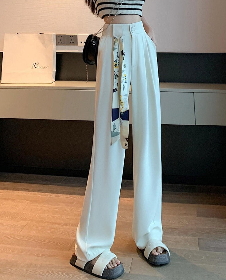 jinran White High Waisted Pants for Women Spring New Korean Fashion Button Up Wide Leg Pants Office Ladies Casual Pants
