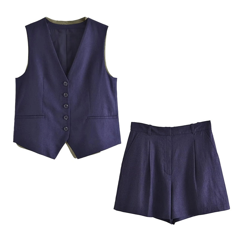 jinran Cotton Linen Brown Spring Summer Pockets Shorts Vest Set Sleevless Button Up V Neck Wide Leg Outfits 2 Pcs Suit Femme