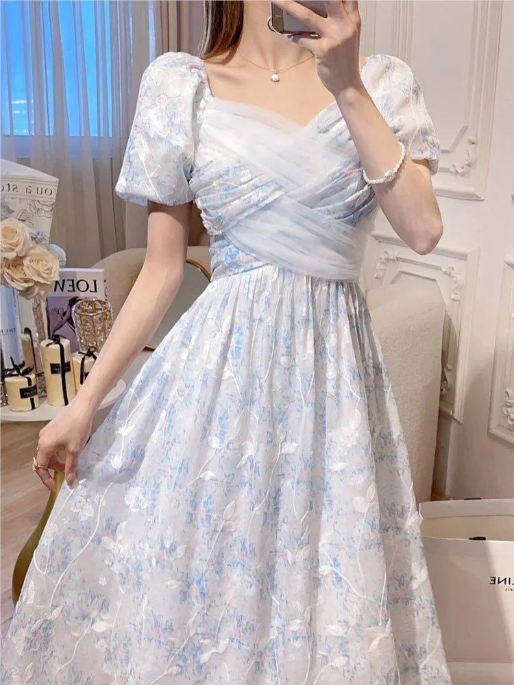 jinran Summer Puff Sleeve Women Dress For Party French Eleganrt Floral Print Vestidos Lady Dresses Sweet Birthday Female Robe A-line