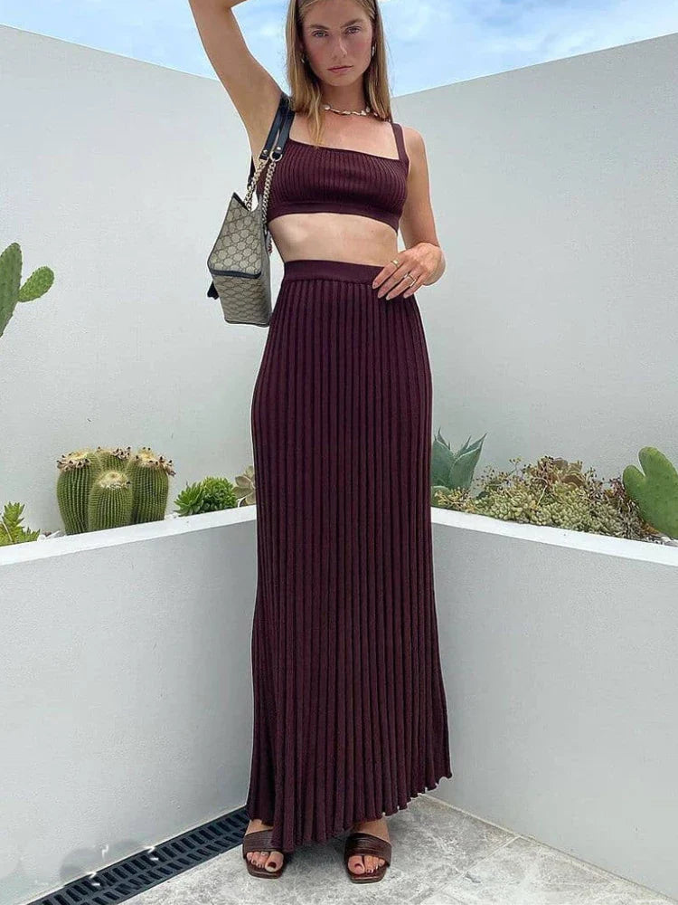 jinran New White Knit Two Piece Women Sets Fall Ribbed Tank Top And Pleated Knitted Skirt Suits For Women Long Dress Sets Summer