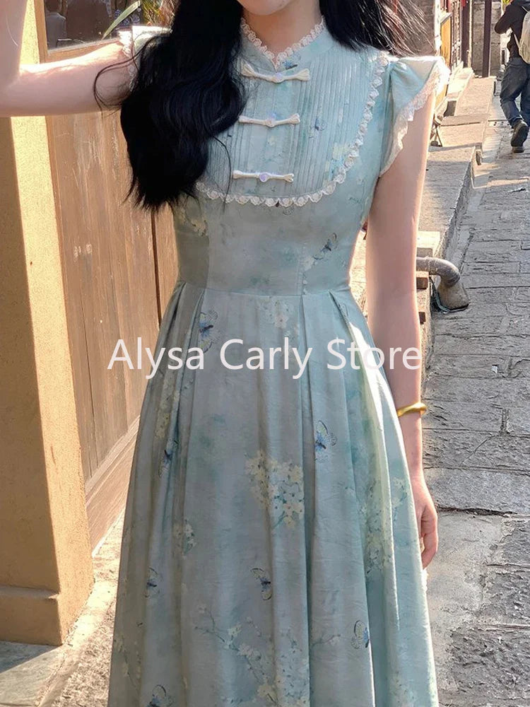 jinran Elegant Vintage Floral Slip Dress Women Ruffles Design Korean Style Long Fairy Dress Female 2024 Summer Casual Chic Party Dress