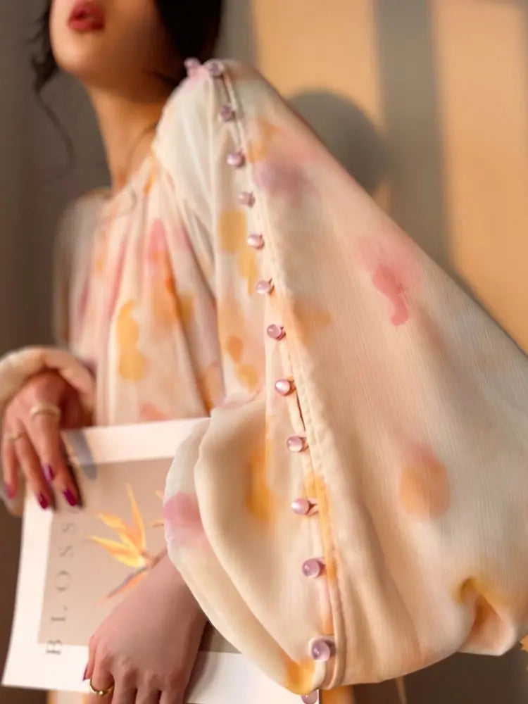 jinran Elegant Print Midi Dresses For Women 2023 Spring Summer New French Fashion Sweet Vintage Female Clothes Loose Maxi Y2k Dress