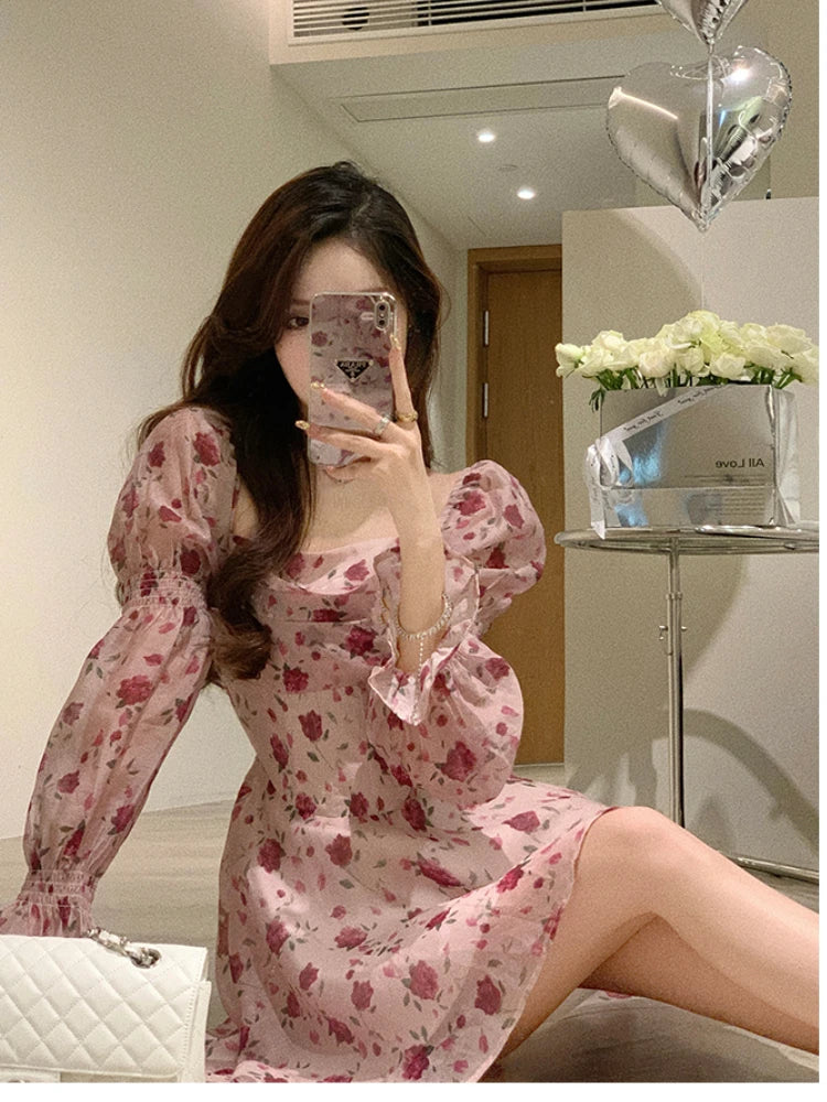 jinran Autumn Vintage Sweet Dress Women Chiffon Floral Bodycon Mini Dress Female korean Party Beach Long Sleeve Casual Dresses 2024
