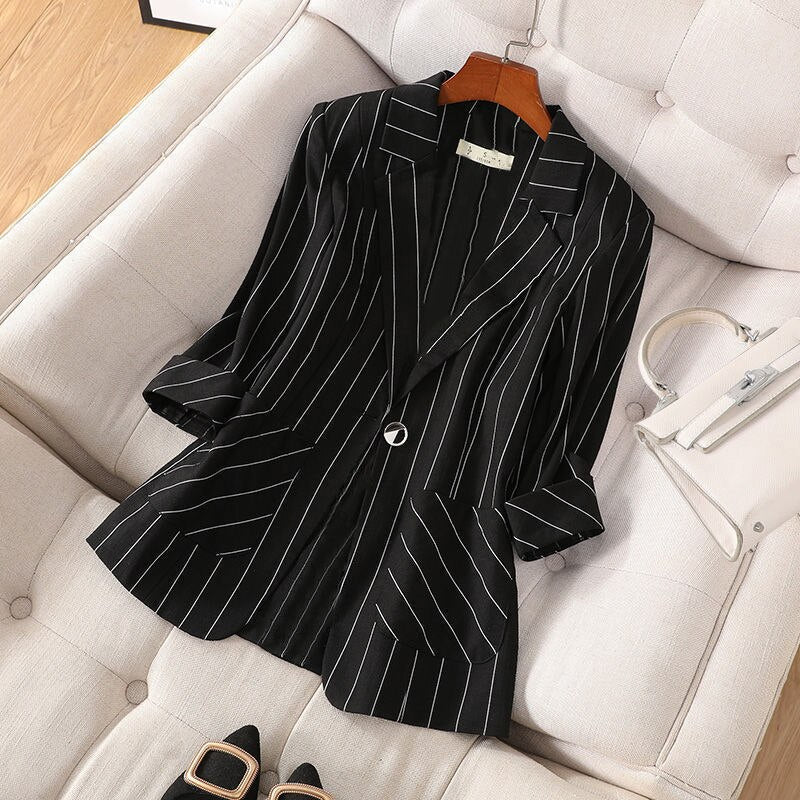jinran Small Suit Jacket New Women's Spring Summer Striped Slim Sleeve Fashion Slim Suit Suit Jacket Oversize Code Clothing for Women