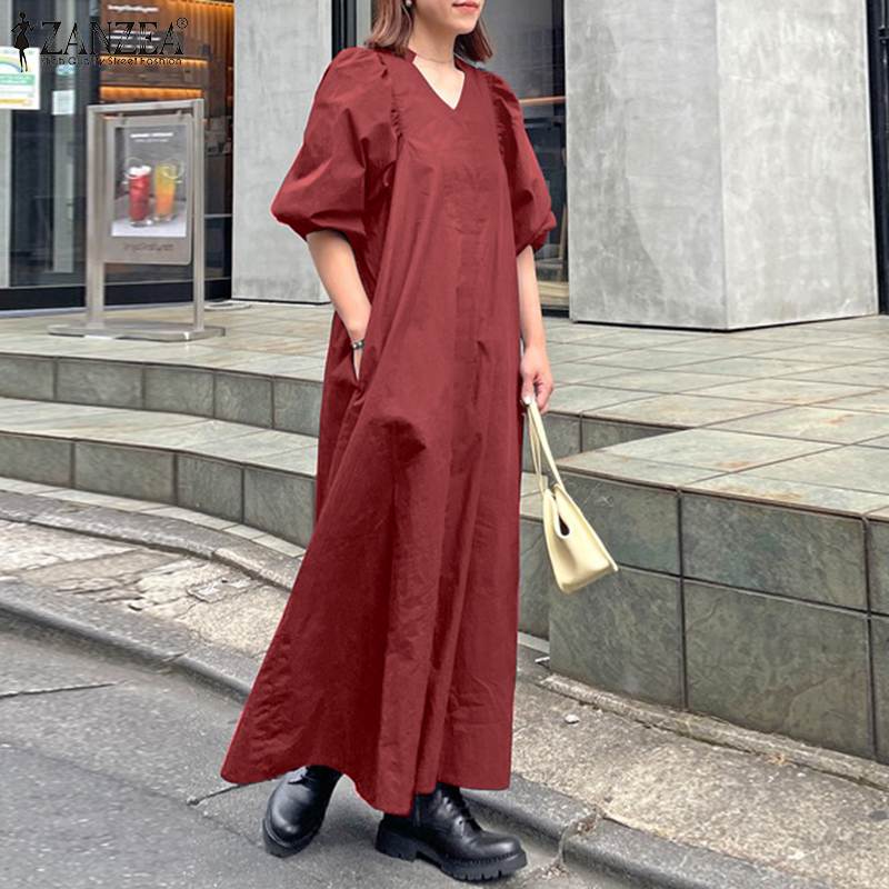 jinran Women Casual V Neck Solid A-Line Vestido 2022 Fashion Long Puff Sleeve Sundress Holiday Dress Retro Kaftan Dress Oversize