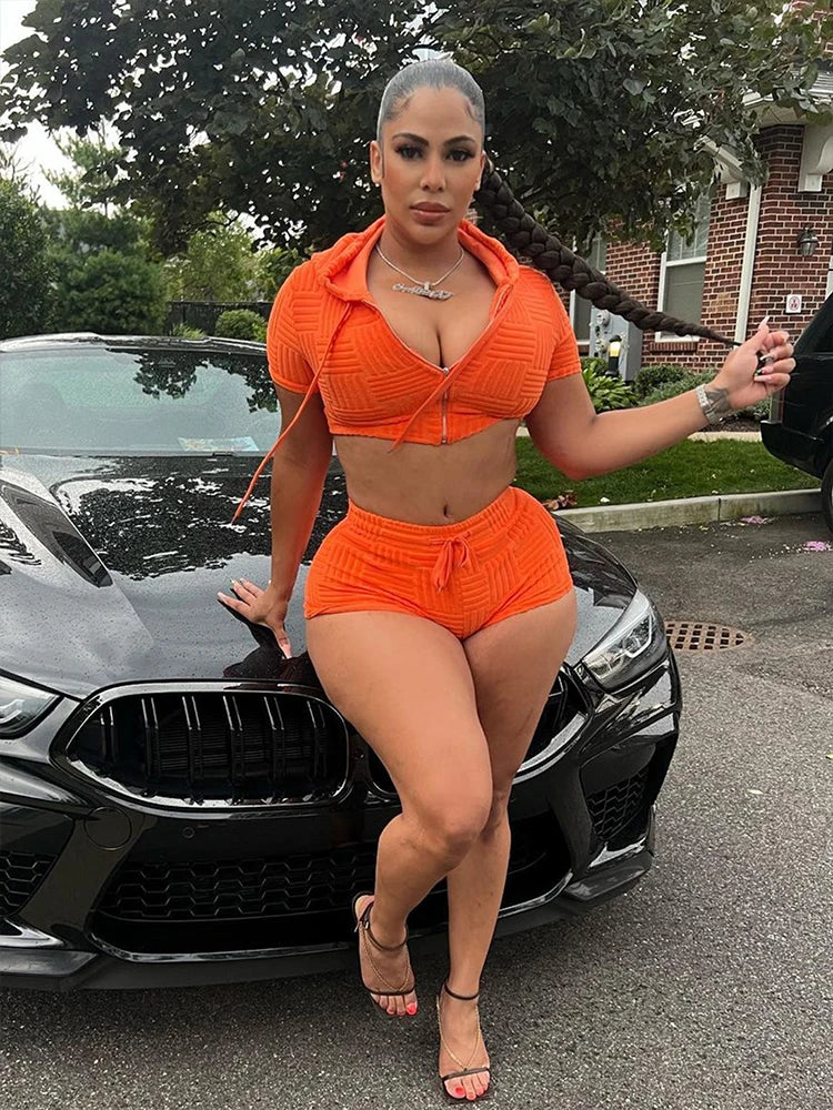jinran Hooded T-shirts 2 Piece Sets Women Summer New Short Sleeve Cotton Tops And High Waist Shorts Suit Zippers Fashion Casual Outfits