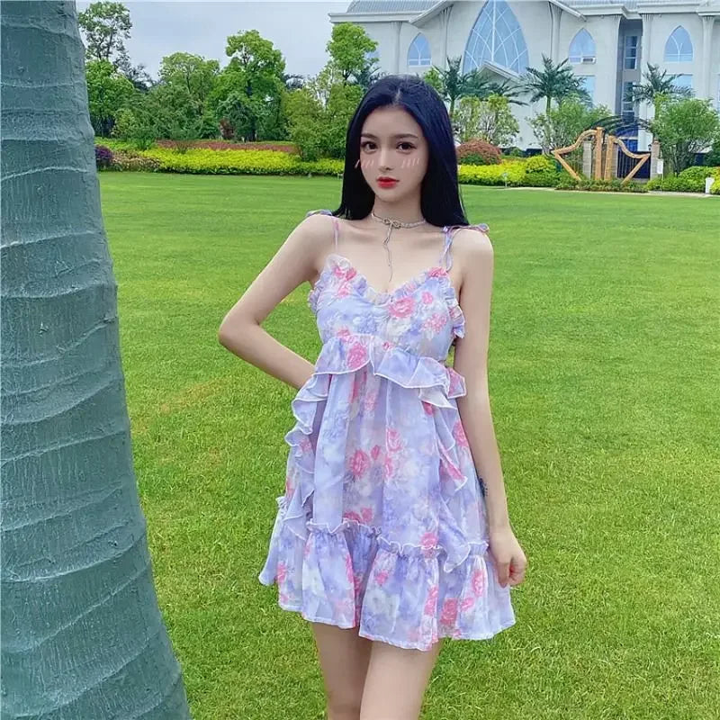 jinran Spaghetti Strap Dress Women Ruffles Sexy Japanese Sweet Princess Dress Female Beach Holiday Floral Mini Boho Dress 2024 Summer