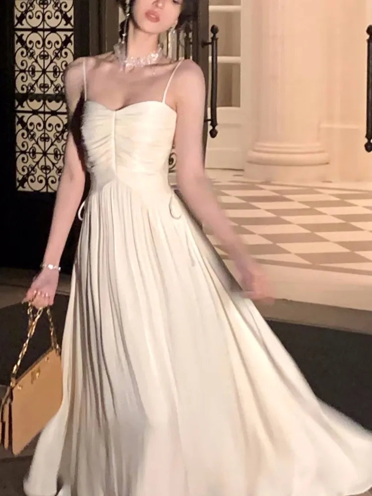 jinran Elegant Shiny Midi Dresses for Women Evening Party Dress Prom Robe Vintage Solid Summer New A-line Spaghetti Strap Vestido Mujer