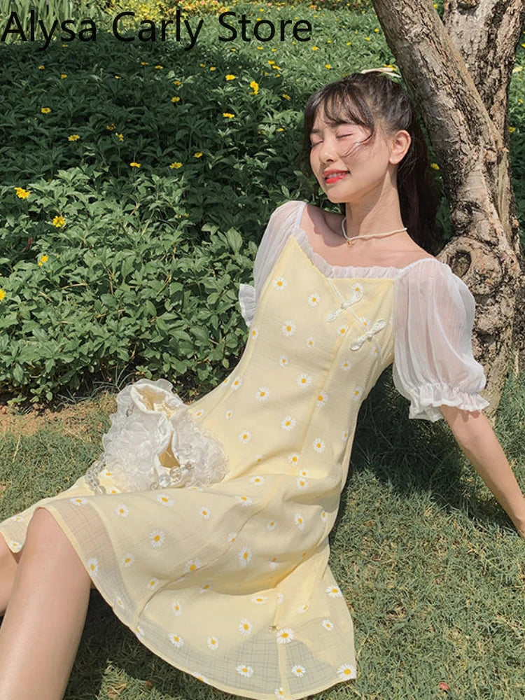 jinran Yellow Floral Vintage Dress Women Patchwork Chiffion Puff Sleeve Sweet Fairy Dress Female Elegant Korean Party Dress 2024 Summer