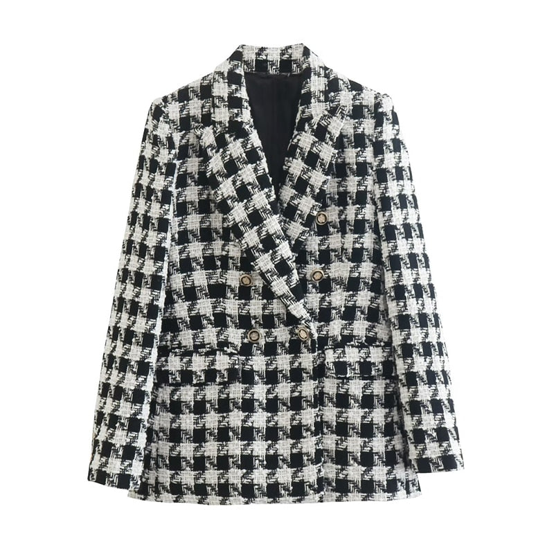 jinran Women Solid Tweed Double Breasted Blazer Coat Long Sleeve Pockets Outerwear Female Spring New Tops CD8395