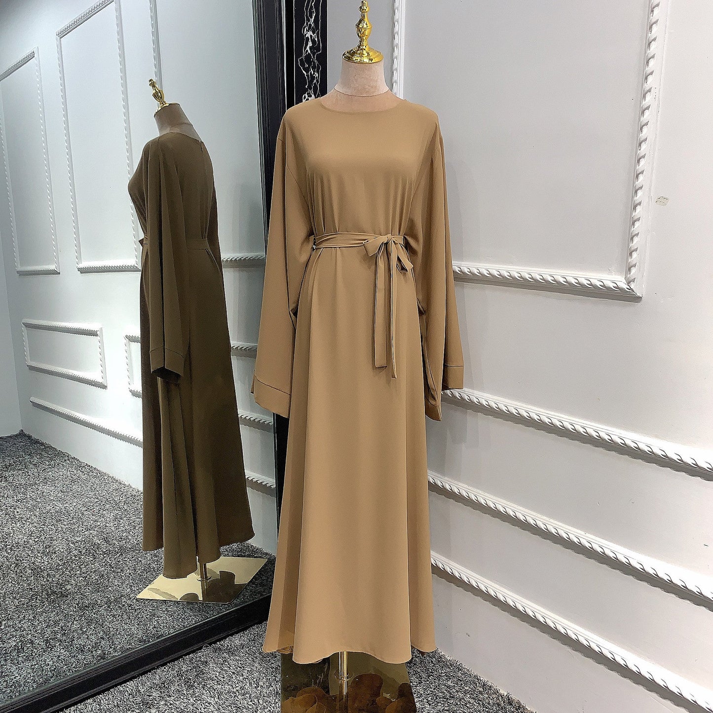 jinran Summer Elegant Solid Color Colorful Temperament Long Skirt Ladies Open Shouder Robe Satin Large Size Belt Muslim Woman Abaya