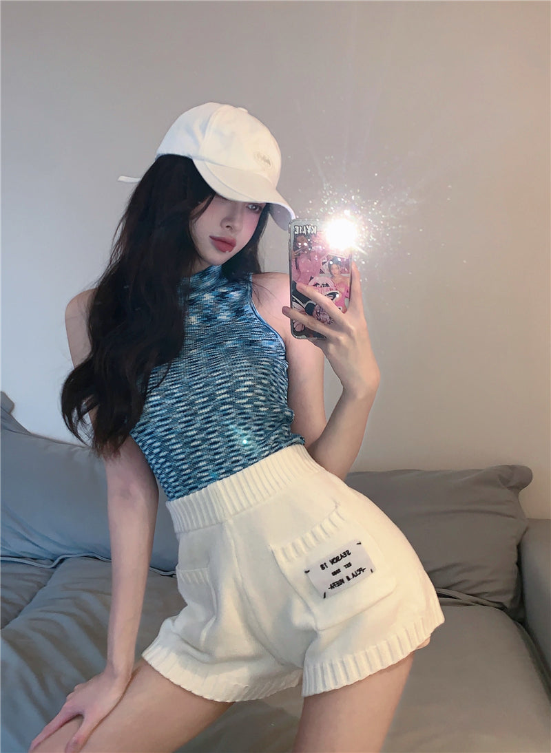 jinran Summer All-match Slim Letter Patch Knitted Shorts Female Casual Pockets White Women's Shorts Sexy Lady Elastic Waist