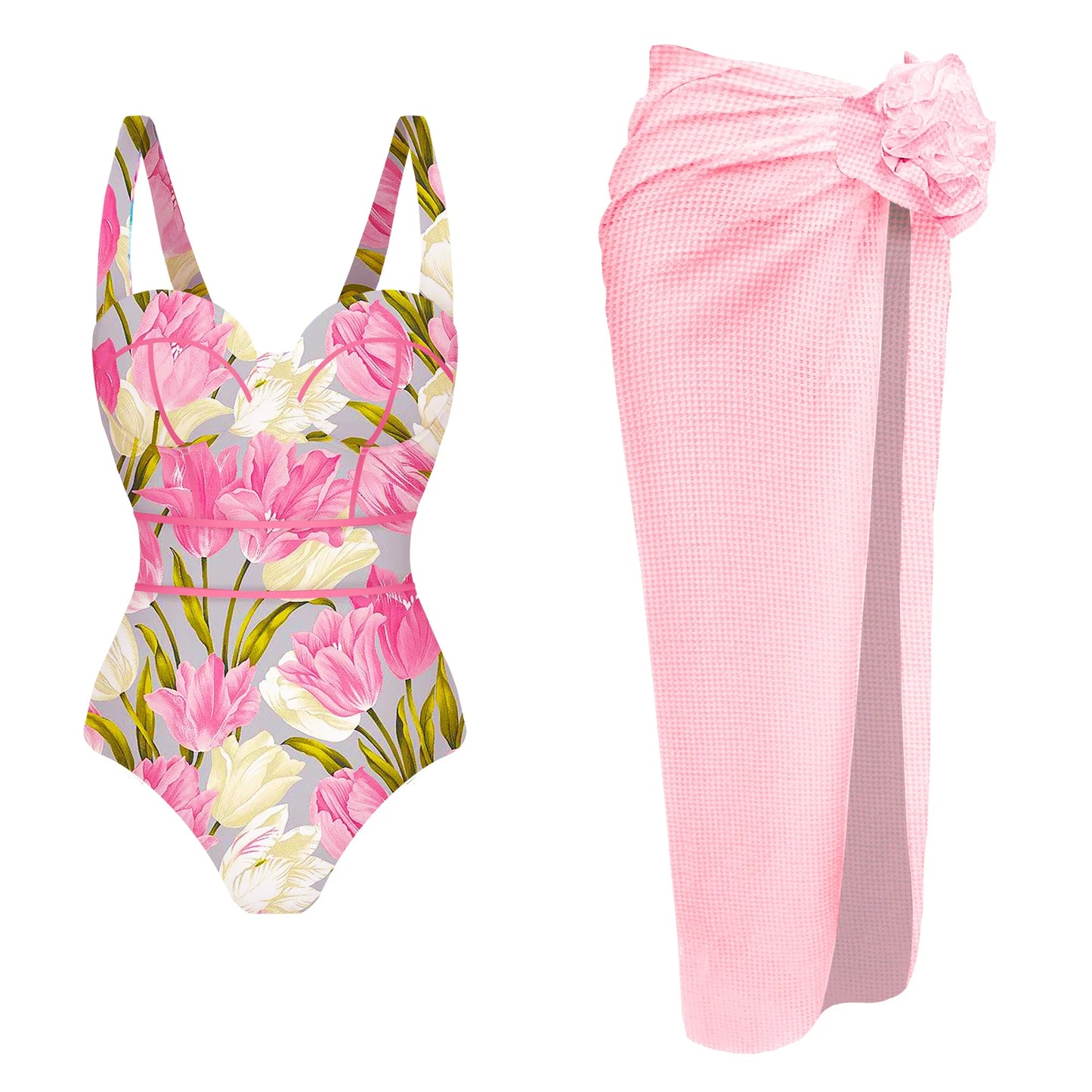 jinran 2024 One Piece Swimsuit Women Swimwear with Beach Skirt V Neck Bathing Suit Flower Beachwear Monokini Swim Summer