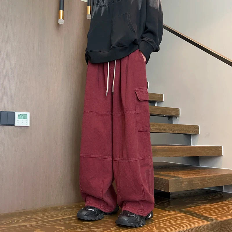 Men's Patchwork Cargo Jeans Oversized Wide Leg Trousers Men Muti-pockets Hip Hop Streetwear 90s Vintage Fashion Tooling Pants