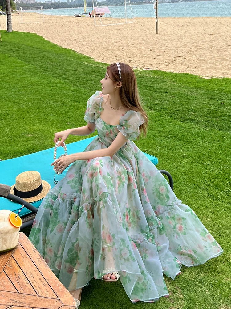 jinran Vintage Floral Evening Midi Maxi Dresses for Women Elegant Casual Party Prom Green Holiday Princess Fairy Long Dress Summer 2024