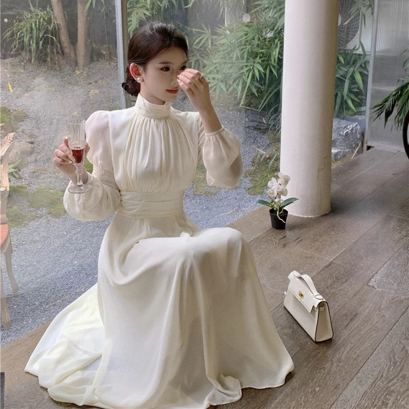 jinran 2024 Autumn Vintage Long Dress Women Stand Collar Long Lantern Sleeve High Waist Dresses Elegant Chic Party Dress