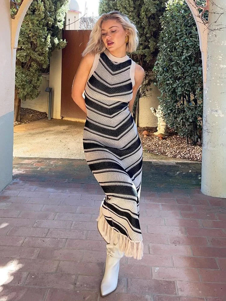 jinran Sexy Tight Striped Tassel Knitted Dress For Women Sleeveless 2024 Summer Fashion Beach Party Evening Long Knitwear Dress