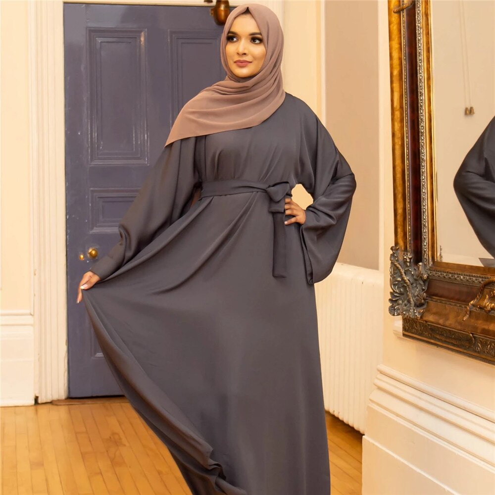 jinran Summer Elegant Solid Color Colorful Temperament Long Skirt Ladies Open Shouder Robe Satin Large Size Belt Muslim Woman Abaya