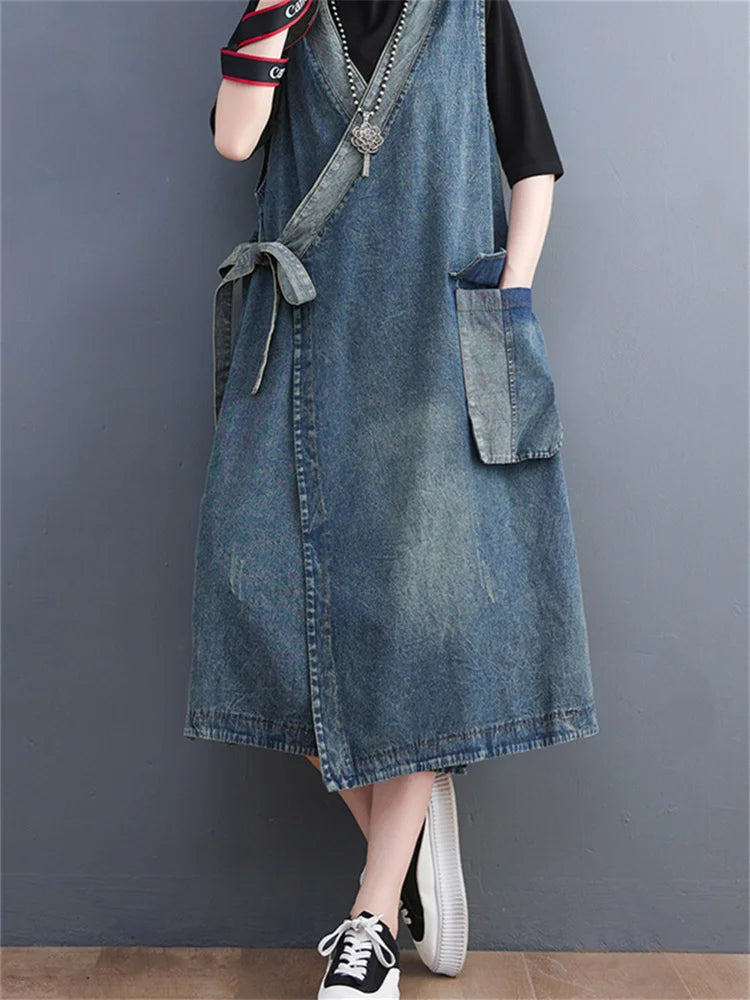 jinran Oversized Summer Fashion Vintage Loose Sleeveless Denim Dress Korea New Ladies Casual Big Size Lace Up Blue Denim Vest Dress