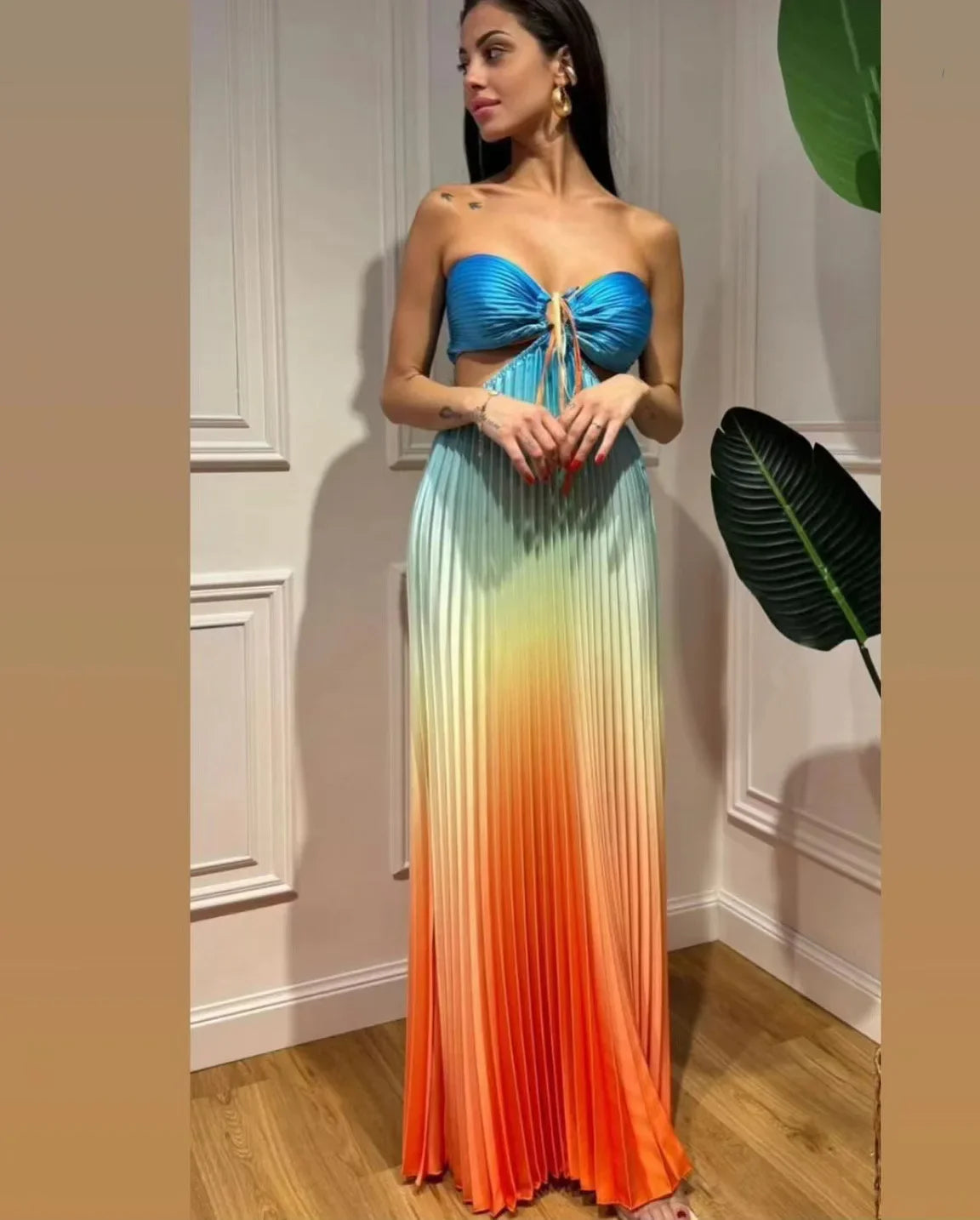 jinran New Summer Gradient Halter Pleated Long Dress Sexy Off Shoulder Backless Wrap Chest Sundress Women's Beach Vacation Dress