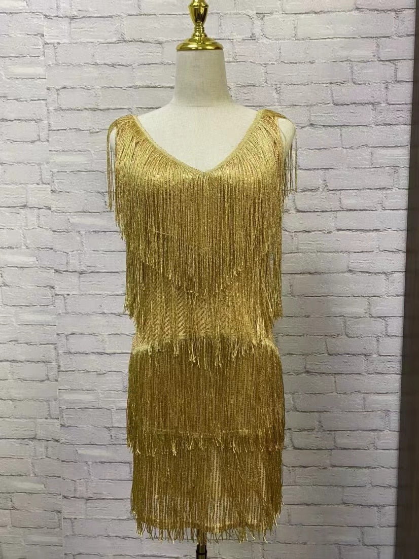 jinran Chic Sexy Sleeveless V-Neck Vintage Tassel Mini Dress Women Elegant Evening Party Bodycon Dresses Summer Ladies Night Club Dress