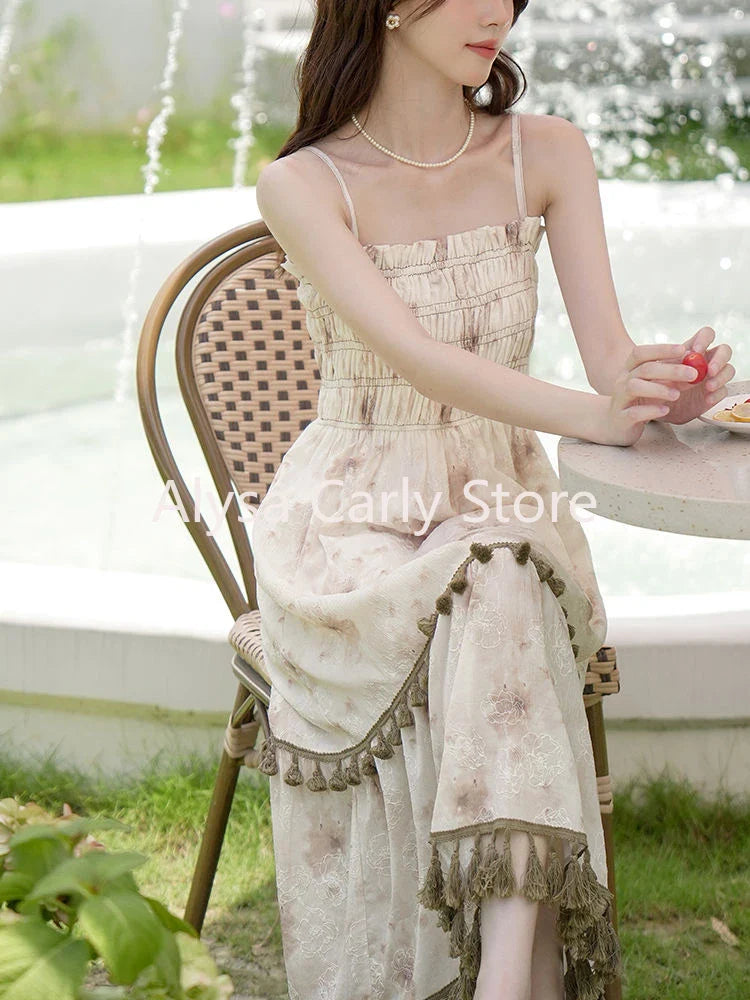 jinran 2024 Autumn Vintage Elegant Slip Dress Women Casual Fashion Korean Style Floral Dress Female Beach Evening Party Vacation Dress