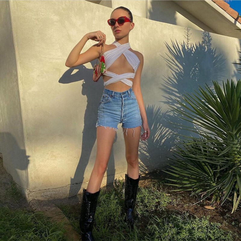 jinran Sleeveless Solid Corset Bandage Halter Patchwork Women Tops Hollow Out Sexy Tank Top Spring Summer Y2k Clothes Blouses