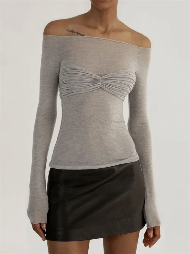 jinran Women Sheer Mesh Crop Top Twist See-Through Mesh Knit Copped Shirt Tops Bustier Off-Shoulder Long Sleeve Summer Hot Tops