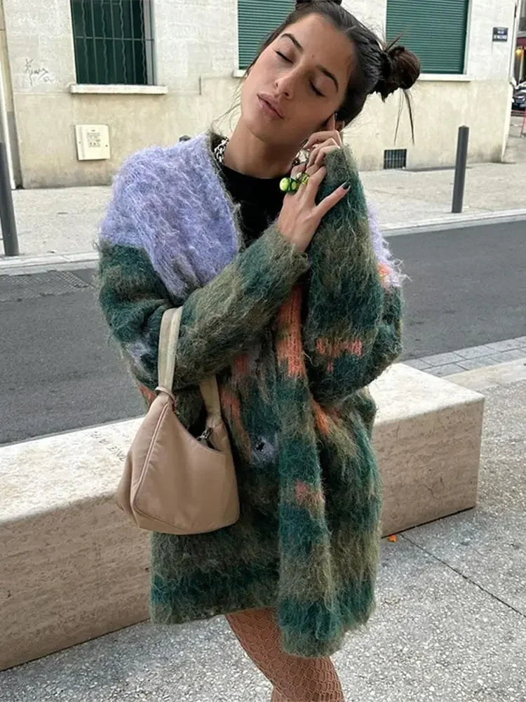 nvxiot - Autumn New Mohair Print Knit Cardigan Coat Oversize Single Breasted Long Sleeve Sweater Tops 2024 Office Lady Commute Streetwear