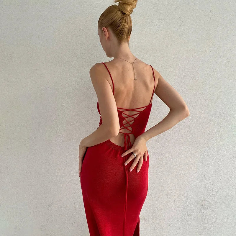 jinran Elegant Bandage Sexy Backless Knit Dresses for Women Summer Outfits Party Club Spaghetti Strap Maxi Dresses Slit Sexy Dress