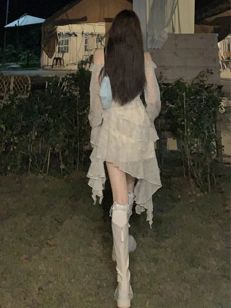 jinran Summer Long Sleeve Floral Fairy Dress Woman Beach Elegant Party Mini Dresses Casual Vintage One Piece Dress Korean Fashion