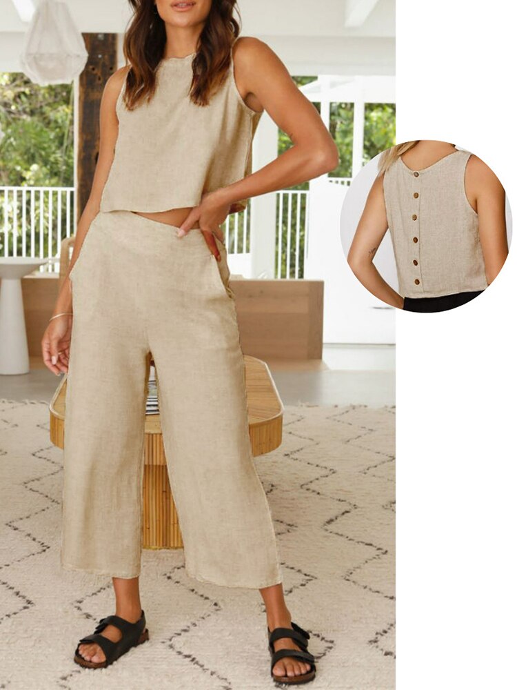 jinran Fashion 2 Pcs Outfits Sleeveless Summer Crop Top Pants Suit Solid Ankle-length Pants Casual Beach Set Back Button Pocket