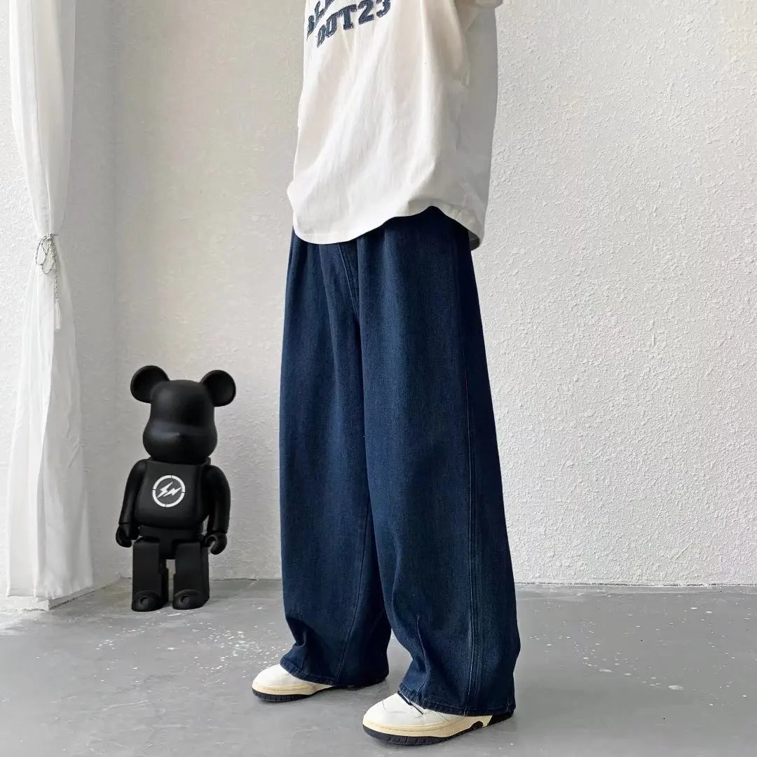 Men's Pure Color Cargo Jeans Simple All-match Wide Leg Pants Trousers Men Hip Hop Streetwear Oversized 90s Vintage Fashion Denim