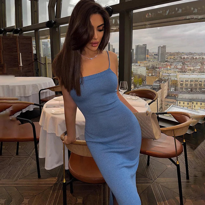 jinran Elegant Bandage Sexy Backless Knit Dresses for Women Summer Outfits Party Club Spaghetti Strap Maxi Dresses Slit Sexy Dress
