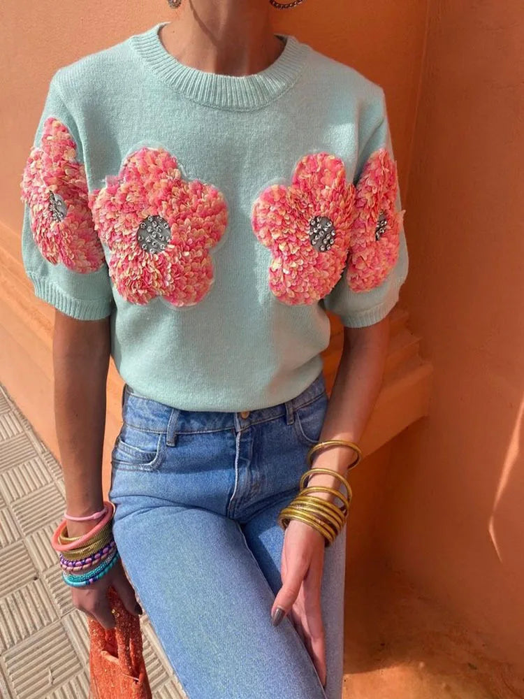 jinran Women 3D Flower Knitted Sweater Tshirt Elegant O Neck Short Sleeved Pullover Tops 2024 Chic Female Commute Fashion T-Shirts