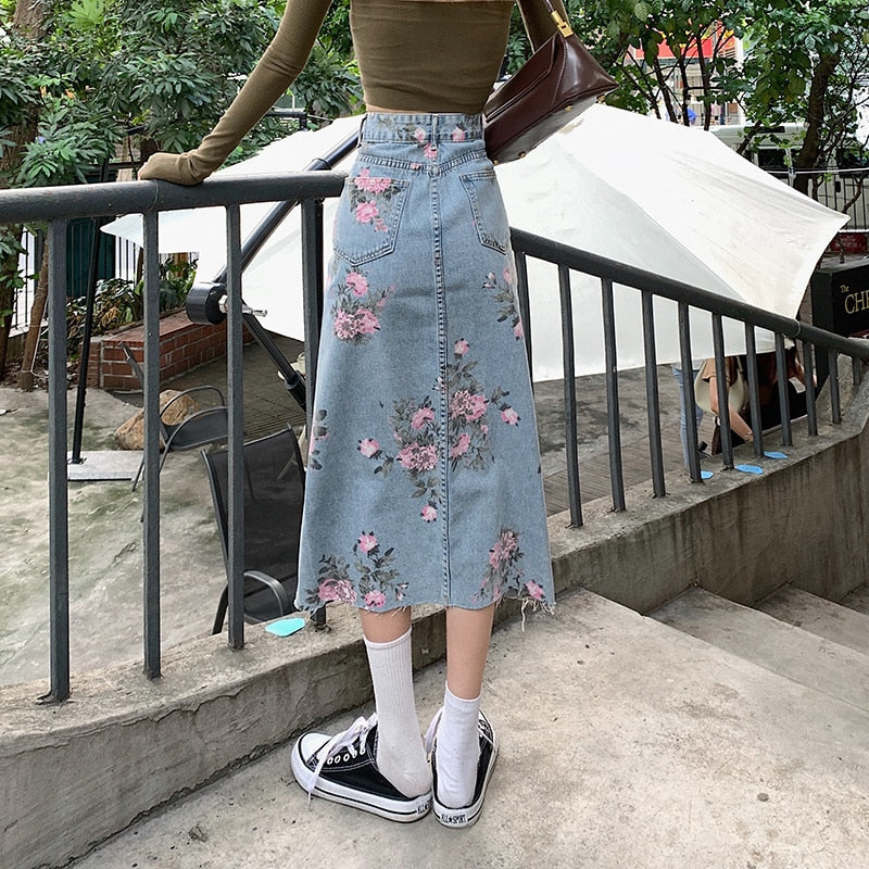 jinran Spring And Summer Trendy Flower Split Denim Skirt Women's 5XL Slightly Fat MM Thin Bag Hip Mid-length A-line Skirt