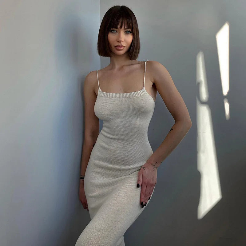 jinran Elegant Bandage Sexy Backless Knit Dresses for Women Summer Outfits Party Club Spaghetti Strap Maxi Dresses Slit Sexy Dress