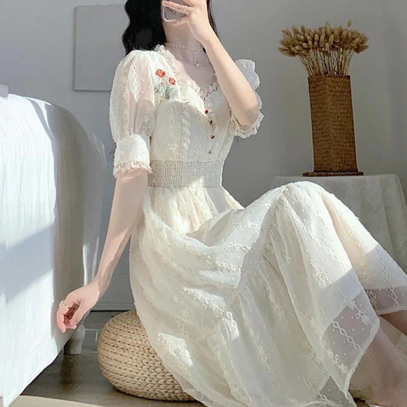 jinran Vintage Lace Fairy Midi Dress Women 2024 Summer French Floral Elegant Party Princess Dress Ladies Party One-piece Dress Korean