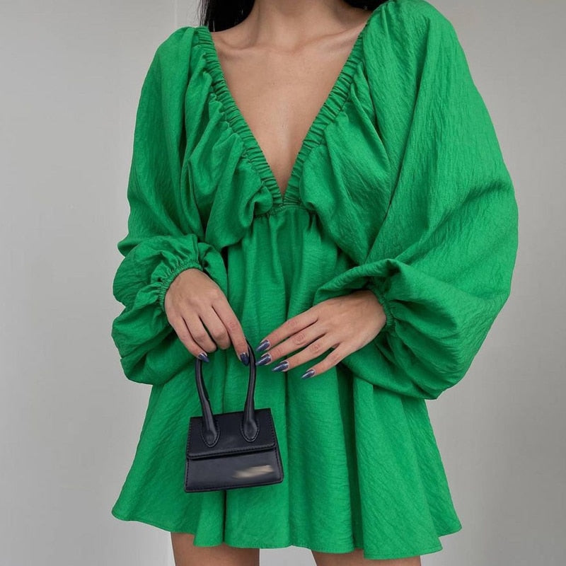 jinran Women Elegant Solid Loose Cotton Dress Summer Casual Long Sleeve Ruffle Dress Ladies Fashion V Neck A-line Party Dress Vestido