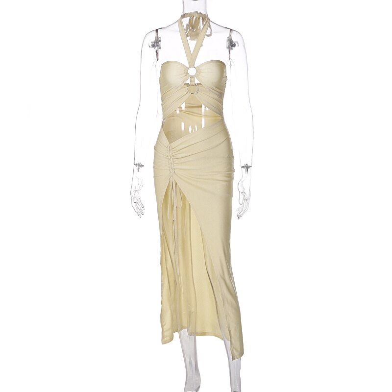 jinran Satin Solid Halter Backless Draped Hollow Out Shirring Bandage Slim Maxi Prom Dress Sexy Summer Elegant Outfit Party