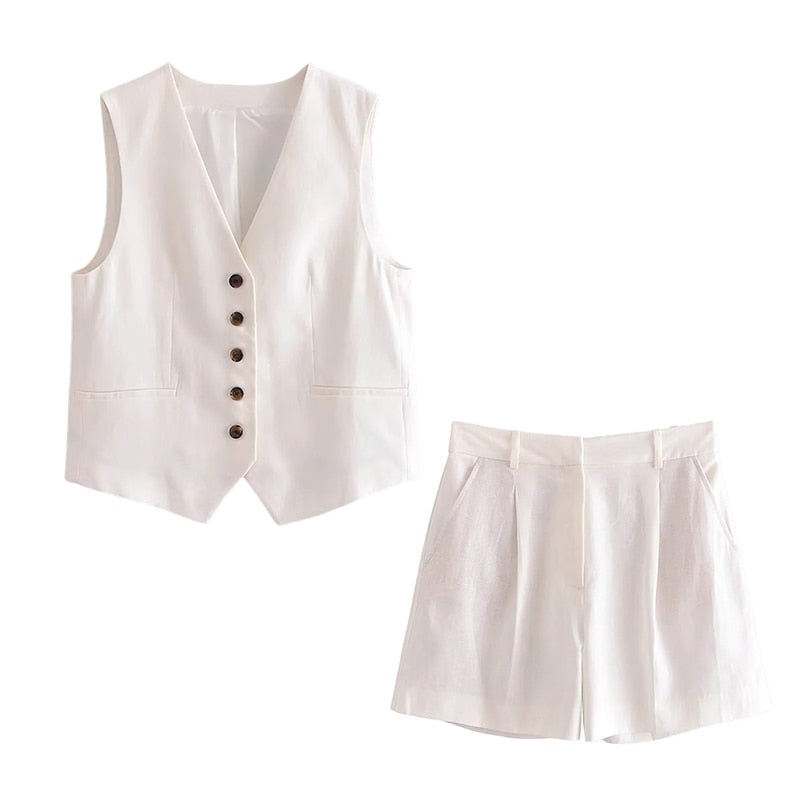 jinran Cotton Linen Brown Spring Summer Pockets Shorts Vest Set Sleevless Button Up V Neck Wide Leg Outfits 2 Pcs Suit Femme