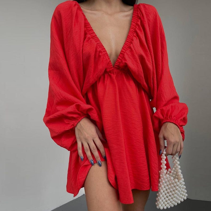 jinran Women Elegant Solid Loose Cotton Dress Summer Casual Long Sleeve Ruffle Dress Ladies Fashion V Neck A-line Party Dress Vestido