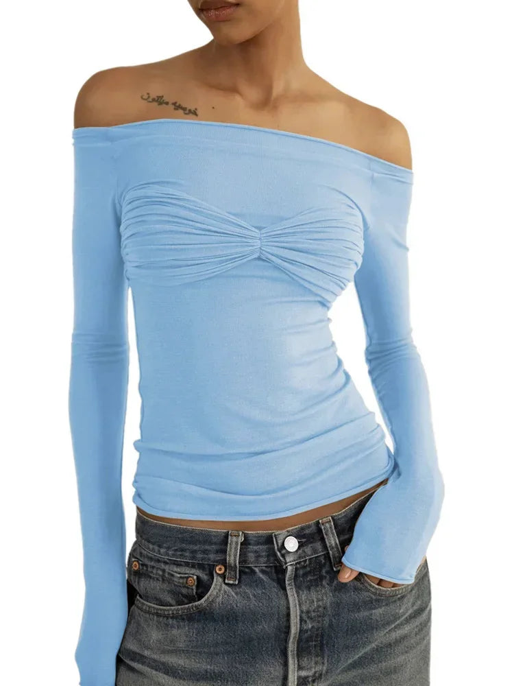 jinran Women Sheer Mesh Crop Top Twist See-Through Mesh Knit Copped Shirt Tops Bustier Off-Shoulder Long Sleeve Summer Hot Tops
