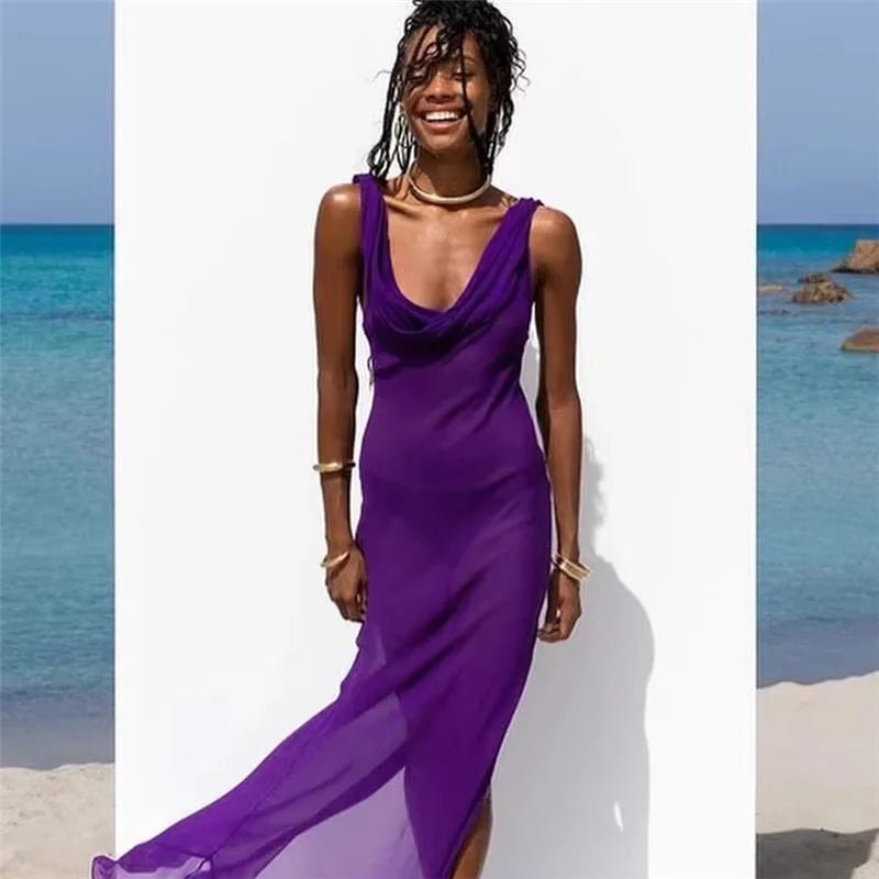 jinran Summer Holiday Beachwear Mesh See Through Maxi Dress Outfits for Women Sexy Backless Sleeveless Slit Long Dresses Summer Dress