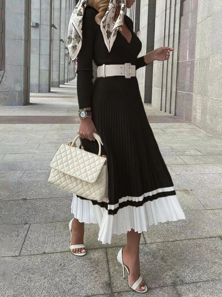 jinran Women Ribbed V-neck Fold Knitted Max Dress Ladies Skinny Sexy A-line Dresses Two Color Patchwork Elegant Chic Vestidos