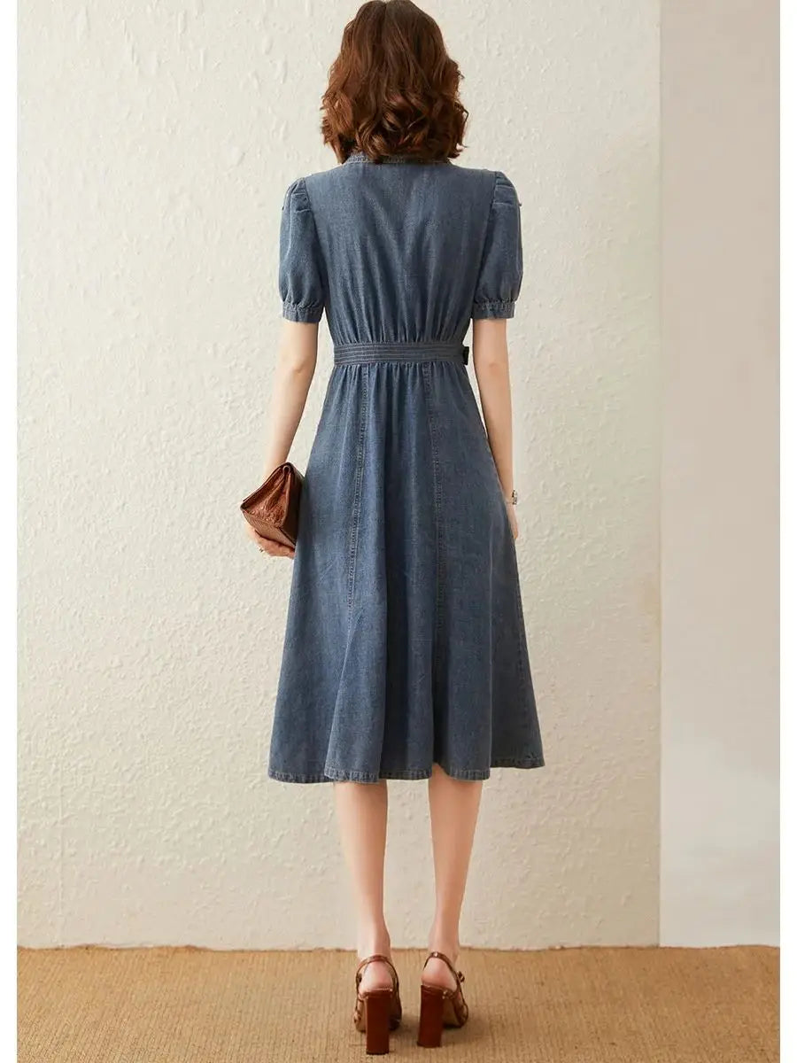 jinran Women Denim Dress 2024 Summer Dress Turn Down Collar Puff Short Sleeve with Belt Knee Length Long Washed Denim Dress