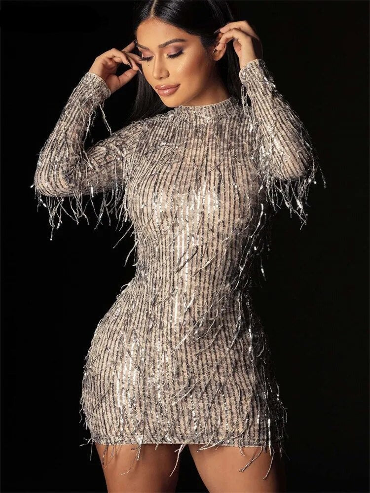 jinran - Eotvotee Sequins Tassel Dress for Women 2023 New Slim Long Sleeve Half High Collar Dresses Office Ladies Sexy Club Mini Dress